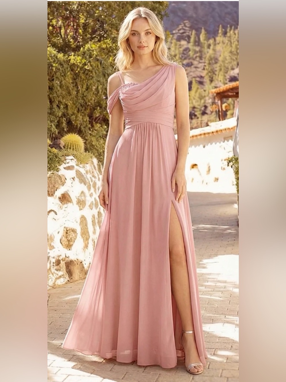 Thigh-High Slit Chiffon Dropped shoulders Bridesmaid Dress